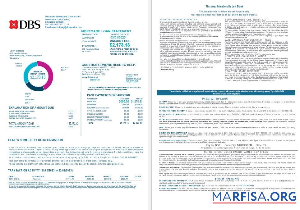 Realistic Singapore DBS bank bank mortgage statement in Word and PDF formats 1 2 download for verification